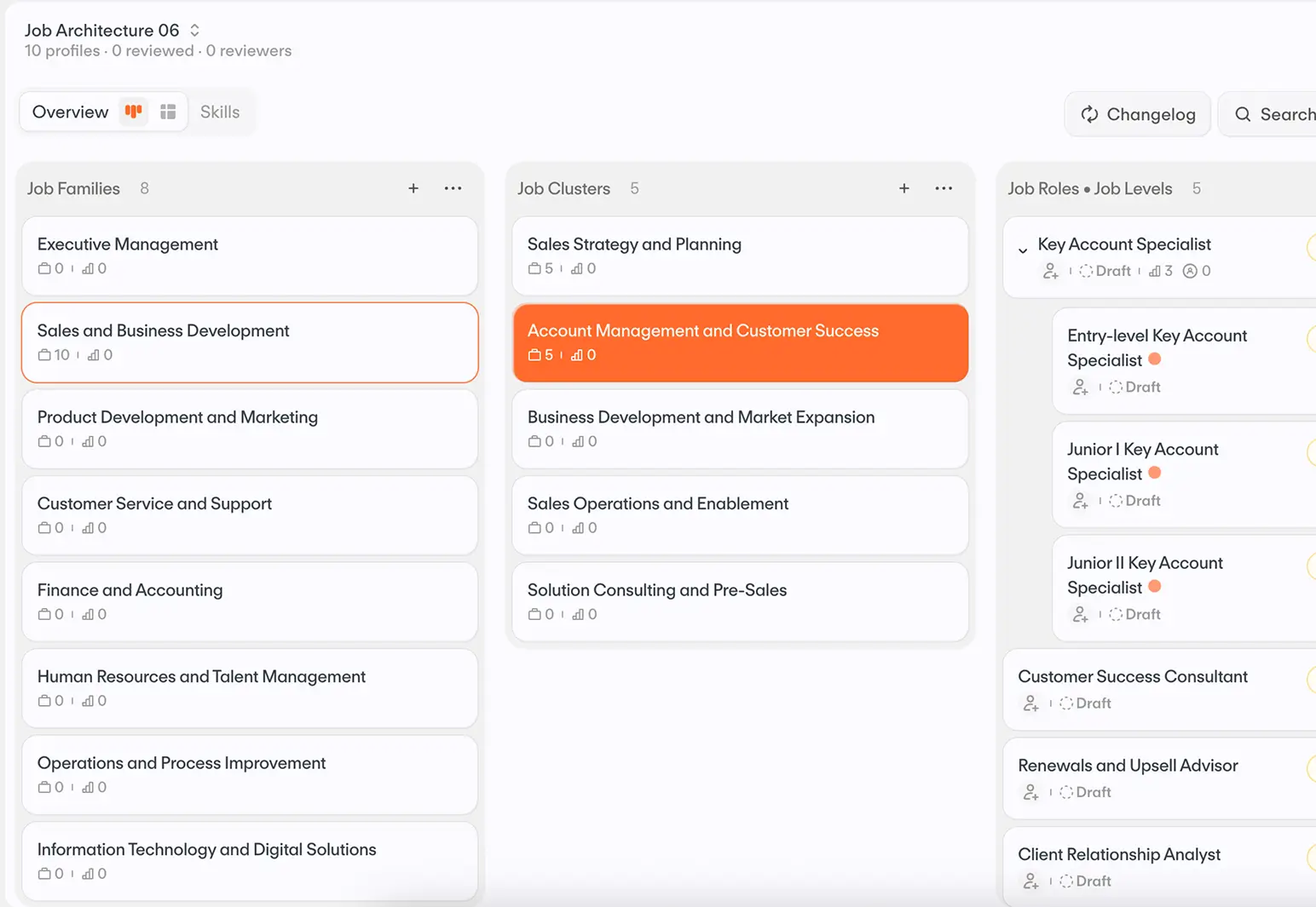 Job architecture interface showing sections for Job Families, Job Clusters, and Job Roles with categories like Sales and Business Development and Account Management and Customer Success.